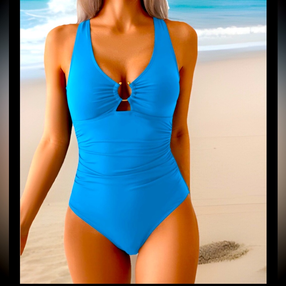B2prity 1Pc Swimsuit Tummy Control Slimming V-Neck W/Metal Ring Ruched Blue NWT